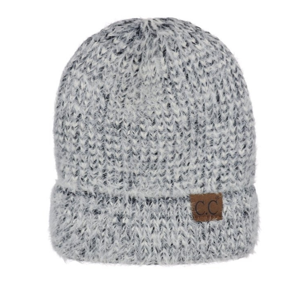 C.C Warm Two Tone Knit Soft Fuzzy Stretchy Cuff Beanie